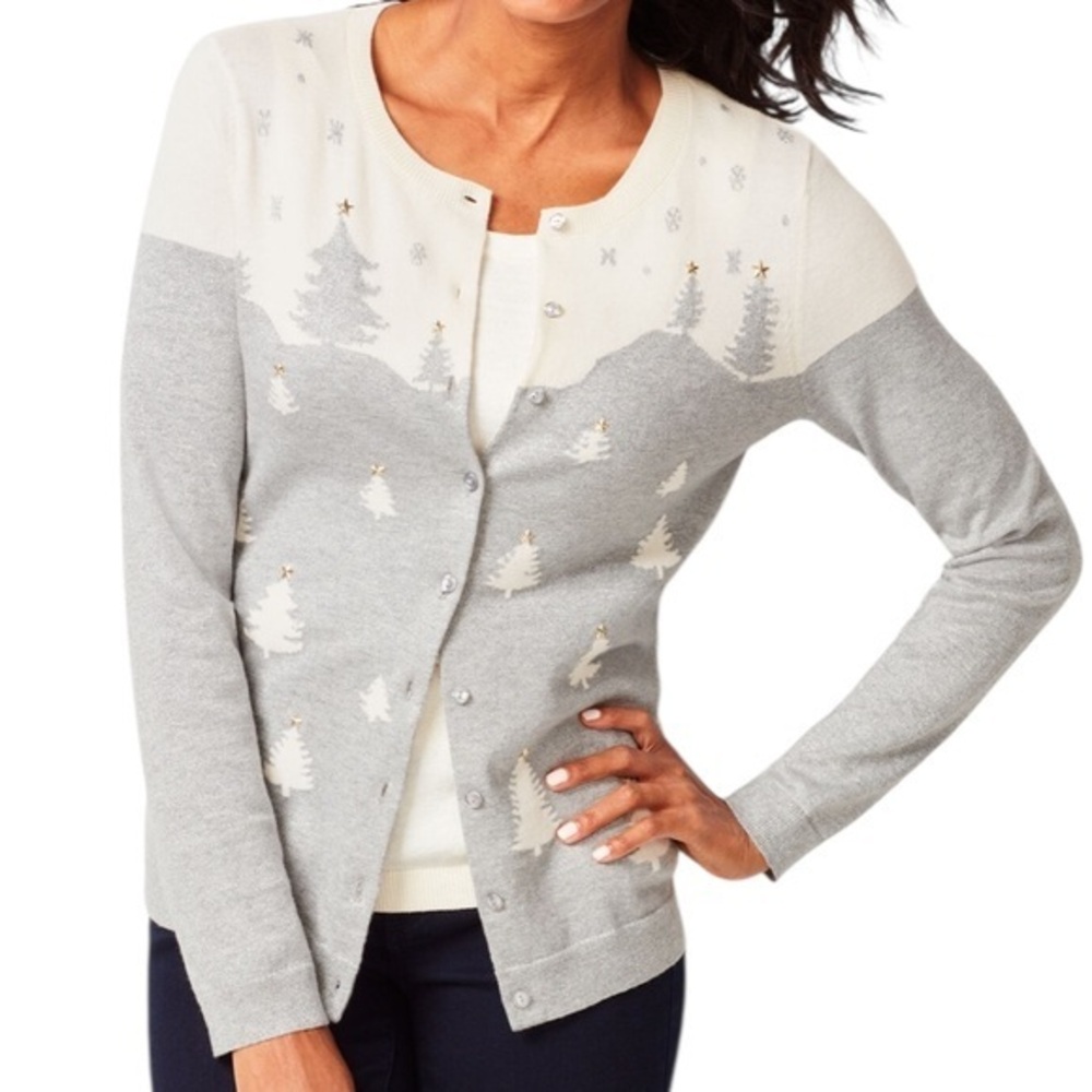 TALBOTS CHARMING CARDIGAN SWEATER - WINTERY FOREST Silver Metallic & Cream